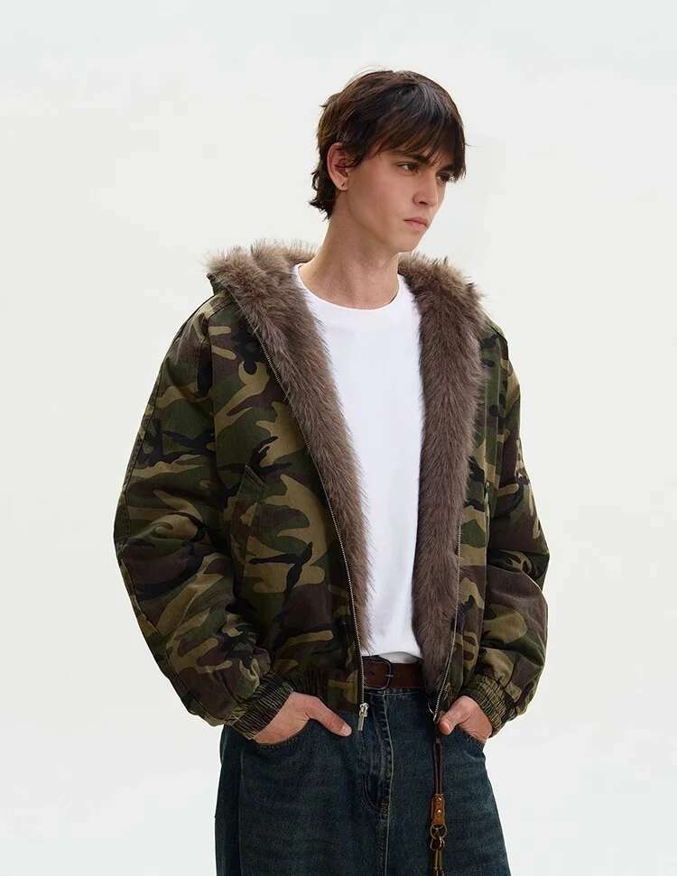 American Retro Old Camouflage Parkas Loose Thickened Warm Fur Collar Hooded Jacket