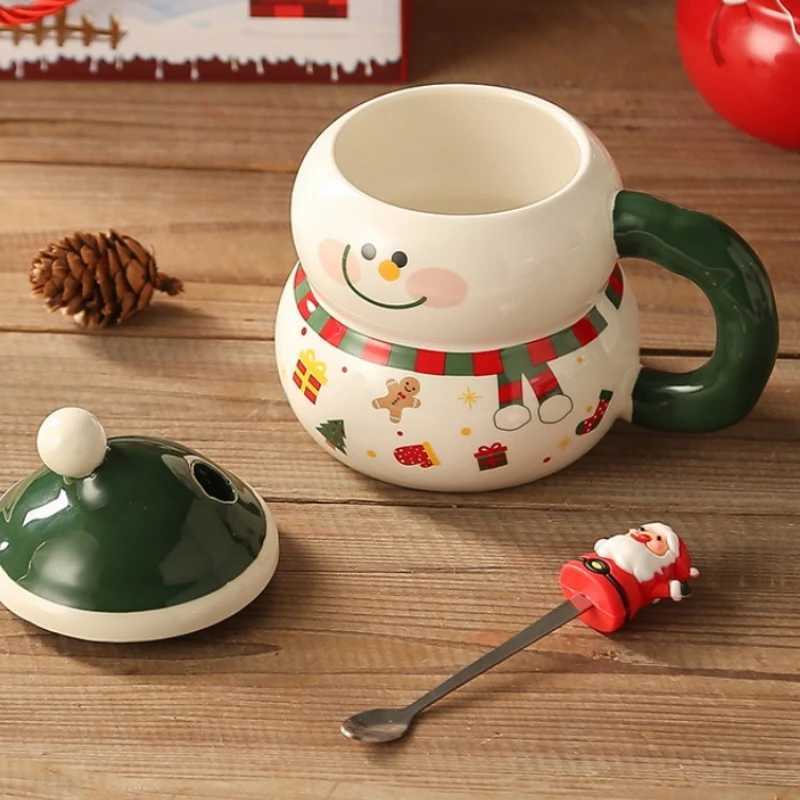 Christmas Christmas Ceramic Cup with Lid Spoon Large Capacity Cartoon Christmas Mug Home Holiday Atmosphere Gift Y251112