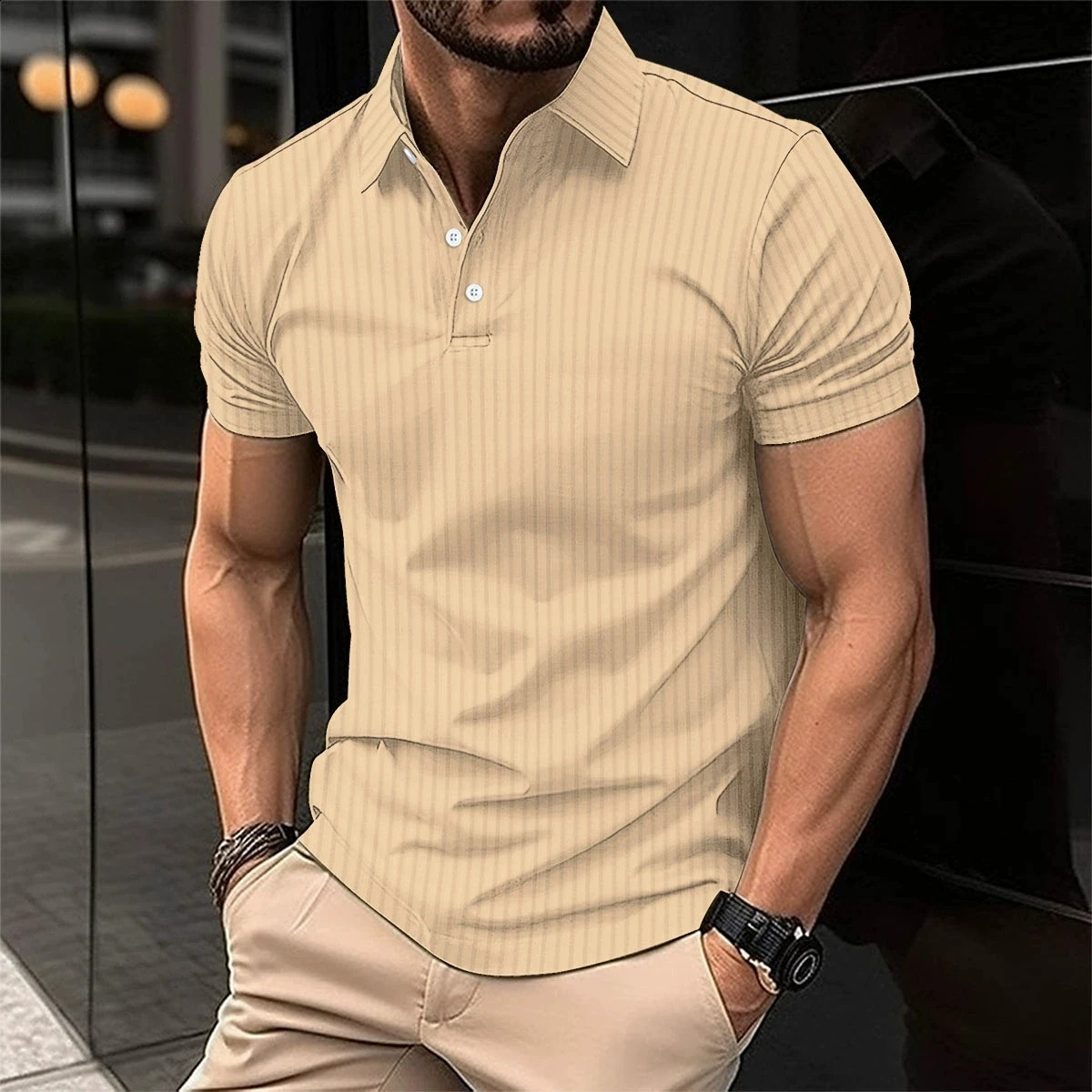 Summer Mens Daily Casual Short sleeved Polo Shirt Fashion Stretch Vertical Bar Sports Button Short sleeved Polo Shirt 250411