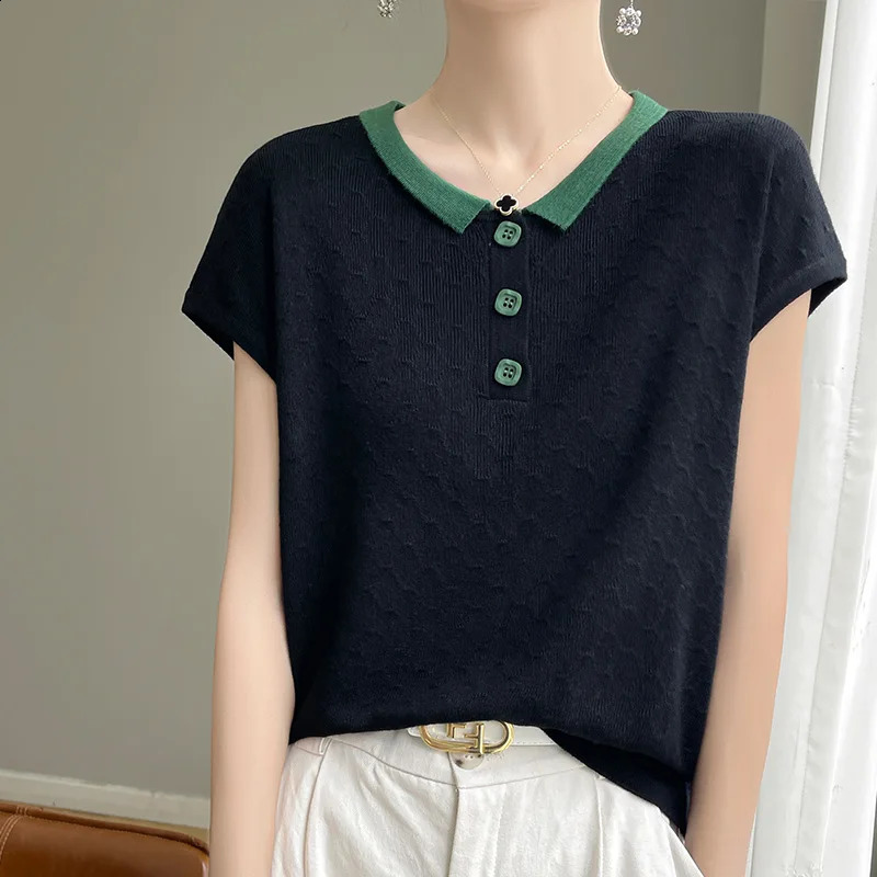 Womens T-shirt Summer Worsted Knitted Sweater Short Sleeve Casual Splicing Ladies Clothes POLO Collar Tops Loose Tees 250411