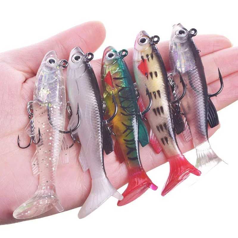 5pcs Soft Rubber Fishing Lure 8cm 14g Bionics 3D Eyes Swimbait with Double Jig Head Hook Artificial Fishing Wobblers T Tail Bait Z250411