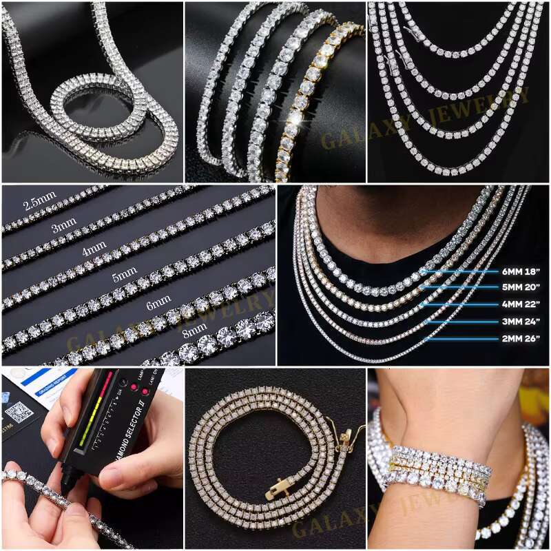 Wholesale 14k 18k Yellow Gold Plated Vvs Moissanite Diamond Tennis Chain Necklace 3mm 4mm 5mm Silver Fine Jewelry Bracelet Men