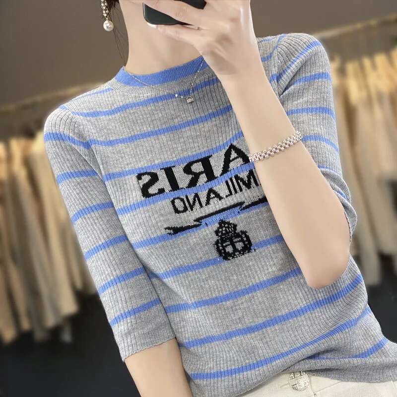 Women's Cashmere Sleeves Simple Design Short Sleeve Knitwear Pullovers Jumper Spring Summer