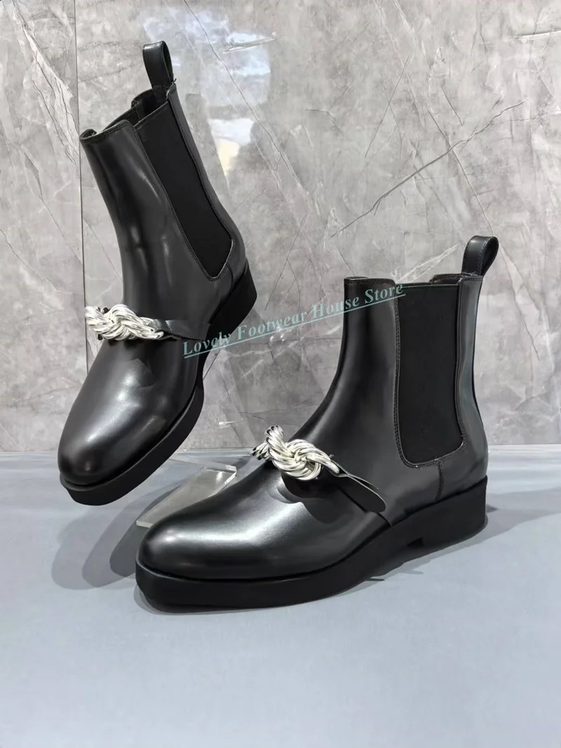 Style Metal Chain Decoration Man Black Genuine Leather Ankle Boots Spliced Knit Elastic Low Heel Male Slip On Boots Shoes 250411