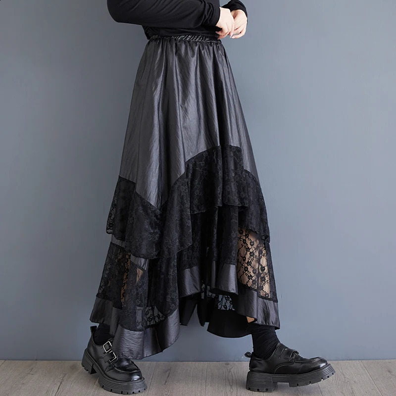 #3042 Spring Asymmetrical A-line Skirts Women Split Joint Lace Hollow Out Vintage Skirts Ladies High Waisted Pleated Black Skirt 250411