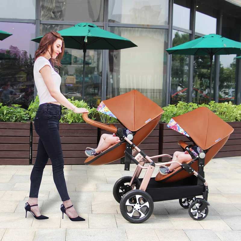 New luxury twin baby stroller aluminum frame PU leather twin baby stroller baby can sit and lie down twin baby stroller W250411