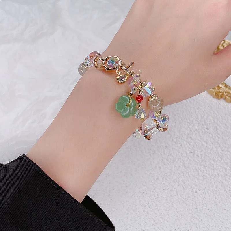 Natural green jadeite flower water droplet pendant multi-color rutile crystal bead bracelet exquisite jewelry for women YBR572 250407