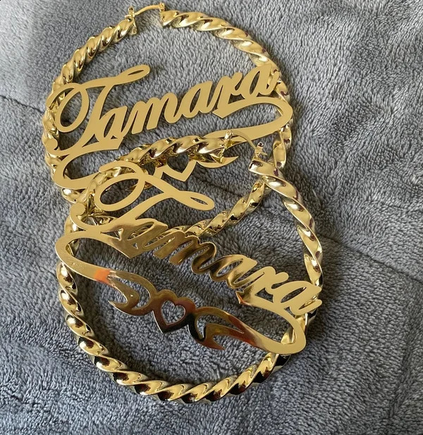 Lateefah Hip Hop Punk Style Bamboo Hoop Earrings Customized Personalized Name Female Gifts 250410