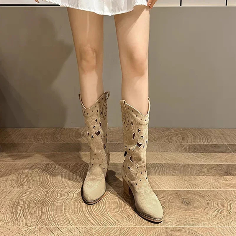 Hollow Embroidered Vintage Western Boots Women Autumn Chunky Heels Knee High Cowboy Boots Woman Pu Leather Knight Booties 250411