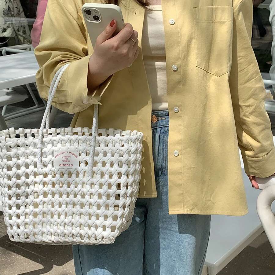 Ins Label Bag Woven Storage Vegetable Basket Vacation Travel Picnic Candy Color Women Hollow Outdoor Beach Handbagg