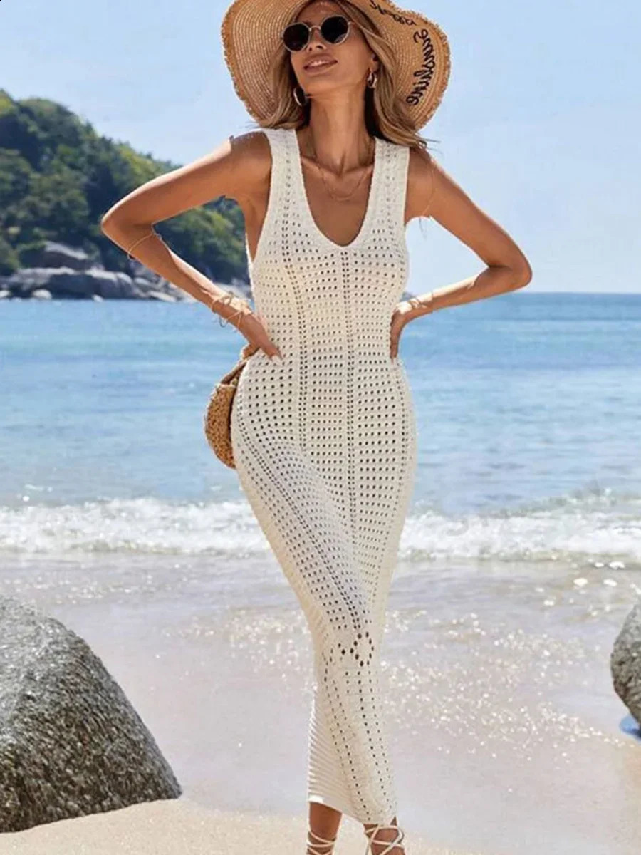 S - XL 2025 V Neck Hollow Out Crochet Knitted Tunic Beach Cover Up Long Cover-ups Beach Dress Beach Wear Beachwear Female Women 250411
