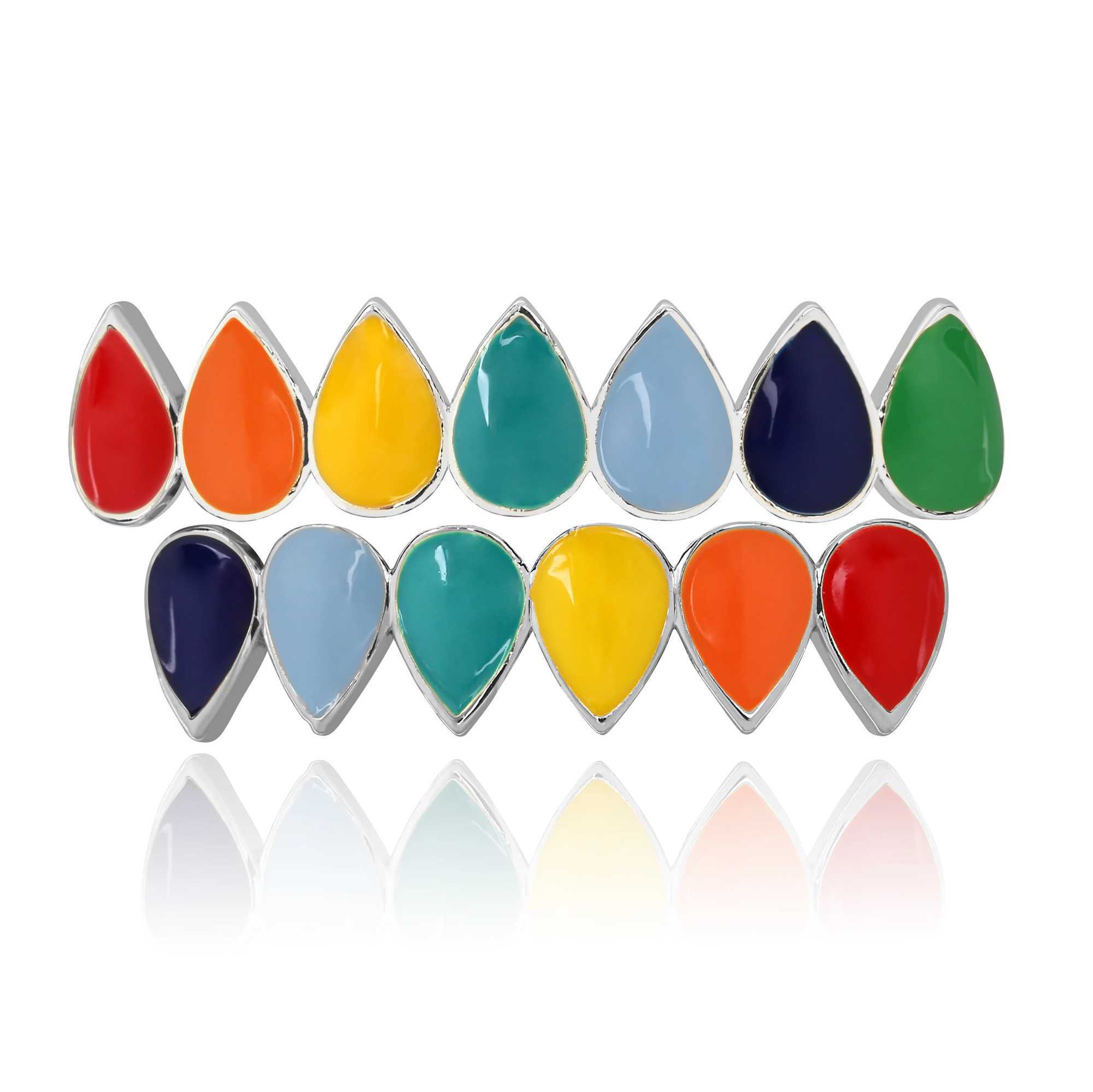 TOPGRILLZ Hip Hop Rainbow Fans Teeth Grillz Top and Bottom Gold Silver Grillz Dental Halloween Vampire Teeth Grillz Set Gift W250412