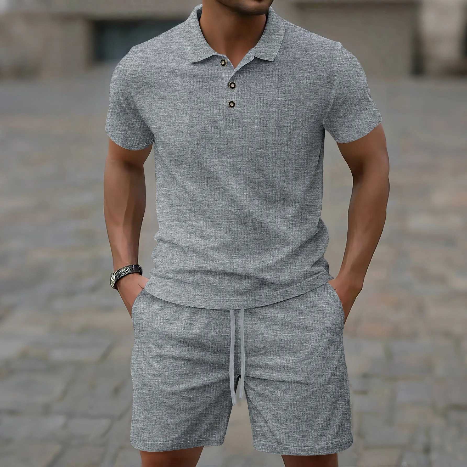 Summer mens solid color lace Corduroy short sleeved lapel top jacquard polo shirt brushed shorts mens clothingXJ250412