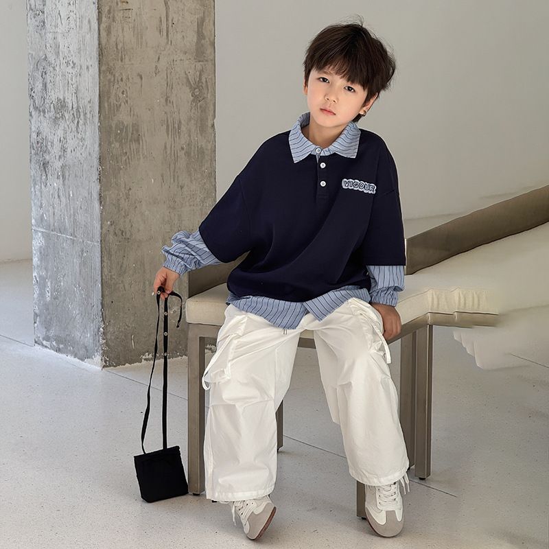 Ddmyshoesvip Boys Spliced Striped Fake Two Piece Hoodie Spring Big Boy Cool Handsome Contrasting Letter Polo Shirt