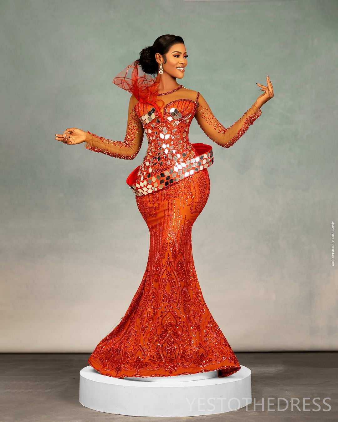 2025 Plus Size Orange Red Prom Dress Mermaid Prom Dresses Evening Formal Gowns For Special Occasions Sheer Neck Beaded Lace Birthday Second Reception 