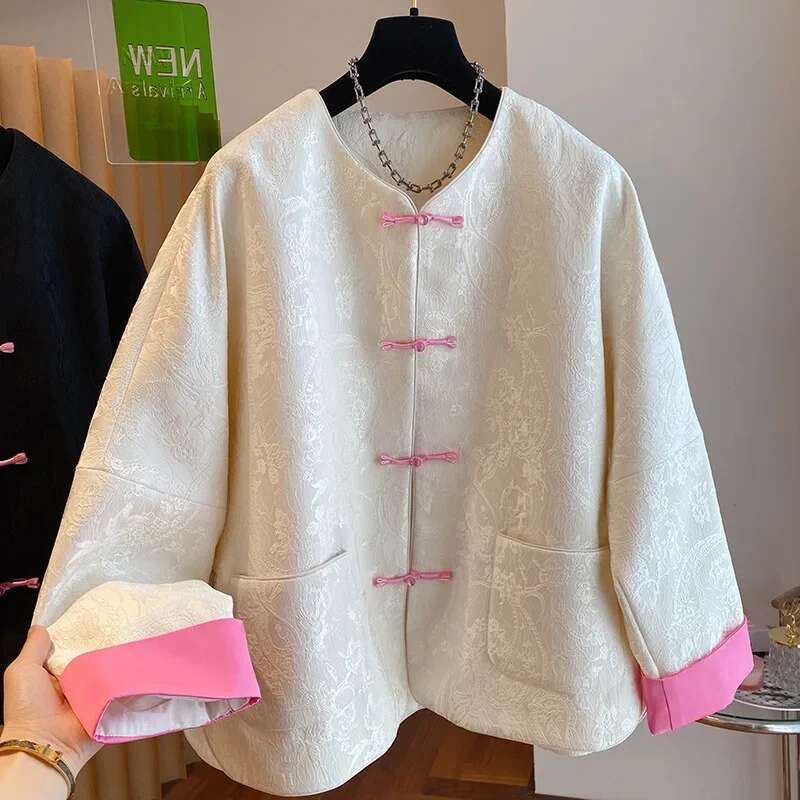 Designer Clothes Jacquard Chinese Style Loose Fit Women's 2024 Spring Autumn New Color Blocking Cardigan Jacket For Fashion