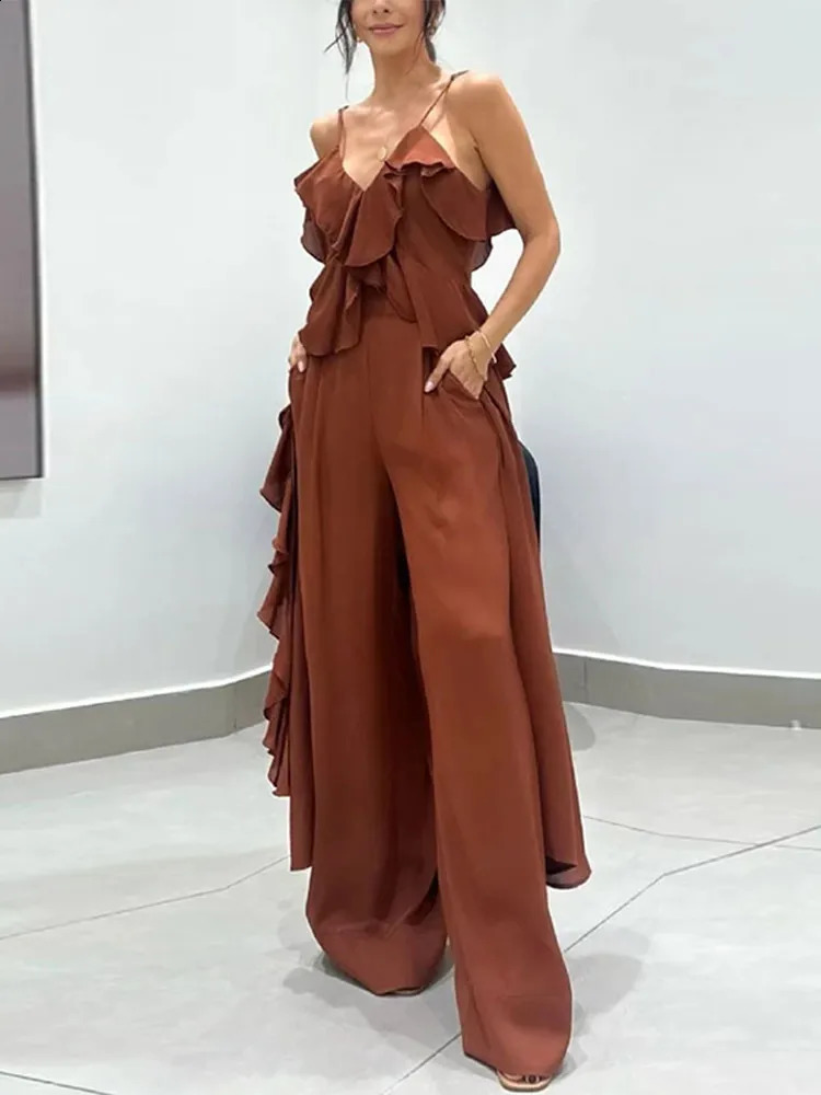 Casual Chiffon Ruffles Pants Womens 2 Piece Sets V-neck Sleeveless Split Tops Loose Wide Leg Trousers 2025 Summer Lady Outfits 250411
