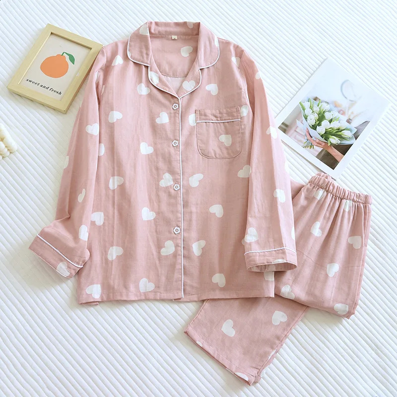 Spring and Autumn Pajama Set Womens 100% Cotton Long Sleeve Pants Two Piece Love Lovely Sweet Home Furnishing Set 250409