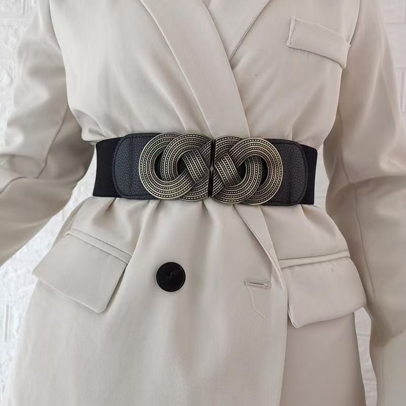New Waist Cover with Pattern Elastic and Tight, Double Buckle, Women's Decorative Belt