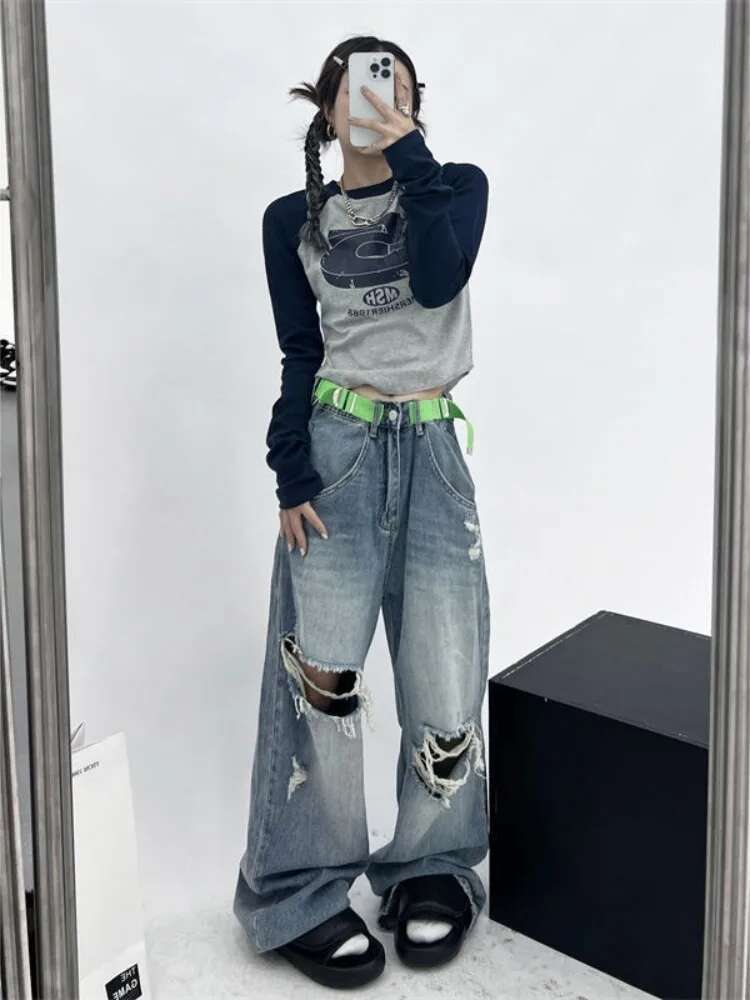 Spring Vintage Y2k Patchwork Green Tshirts Women Hippie Streetwear Long Sleeve T Shirt Female Kpop Retro Autumn Crop Tops