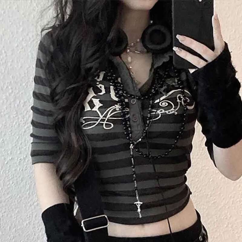 Goth Print Tops Stripe Cute Y2k T-Shirts Dark Academia Techwear Button Up V Neck Half Sleeve Sweat Shirts Fairy Grunge Tees EMO
