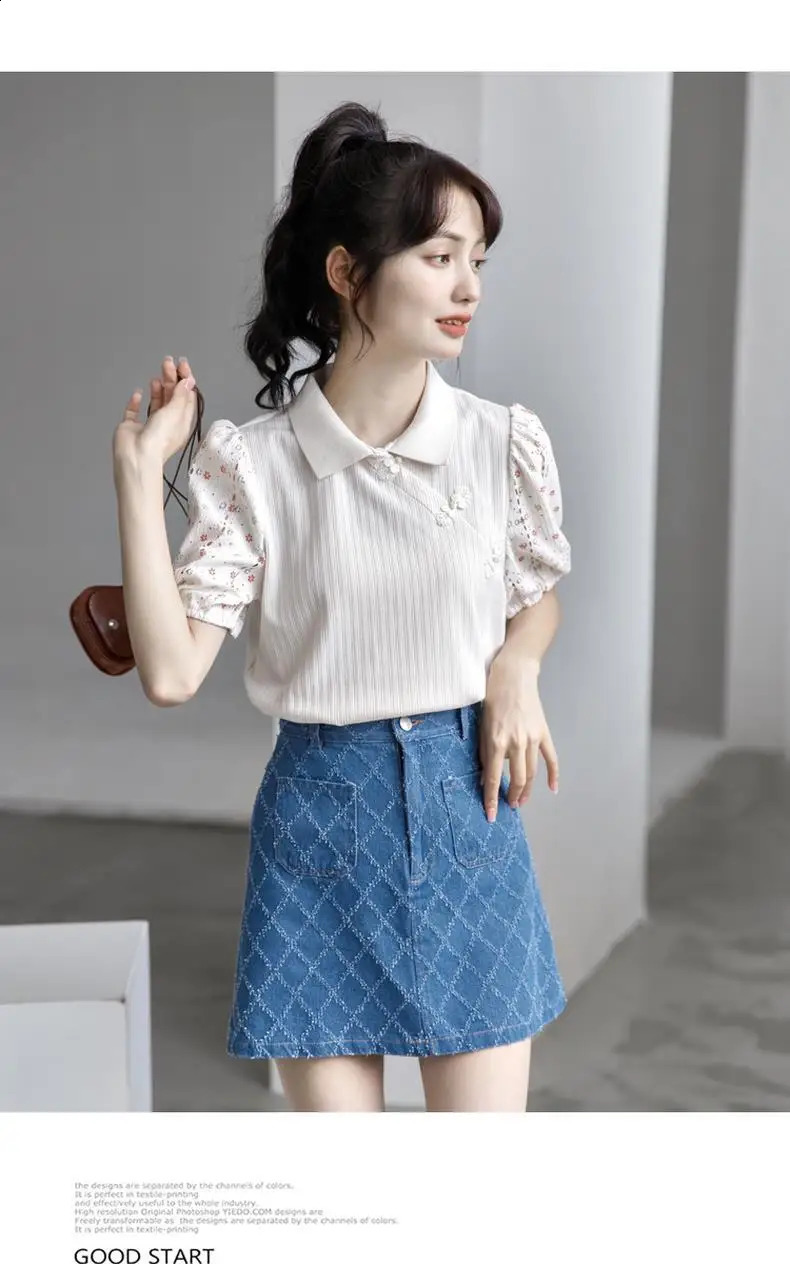 Puff Sleeve Polo Shirt Chinese Top Womens Short-sleeved n Niche Splicing Versatile Shirt 250411