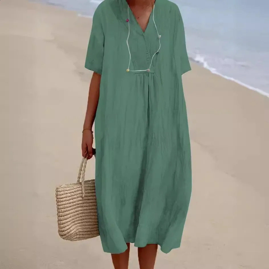 V-neck Short Sleeve Dress Solid Cotton Linen Denim Dress for Women Spring /summer Loose Korean Style Big Size Summer Dresses 250411