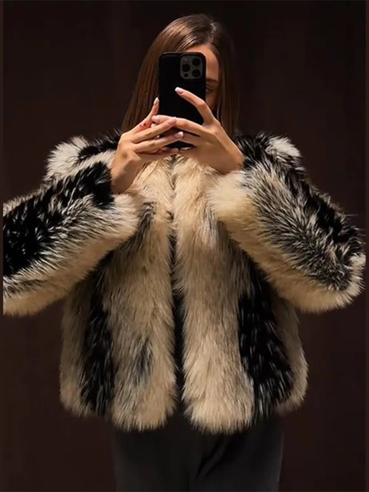 Elegant Fur Womens Coat Oneck Long Sleeve Thicken Warm Female Jackets 2025 Winter Fashion Panelled Furry Lady Outwears 251112