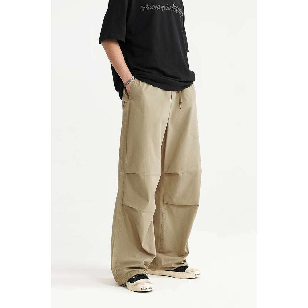 Baggy Parachute Streetwear Mens Elastic Waist Washed Cargo Pants Male 100% Cotton Trousers
