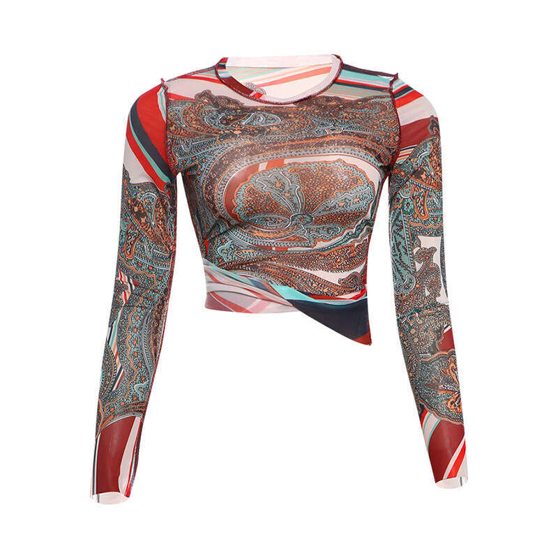 Women's Wear Winter New Women's Personalized Street Half High Collar Long Sleeve Mesh Abstract Printed Slimming T-Shirt
