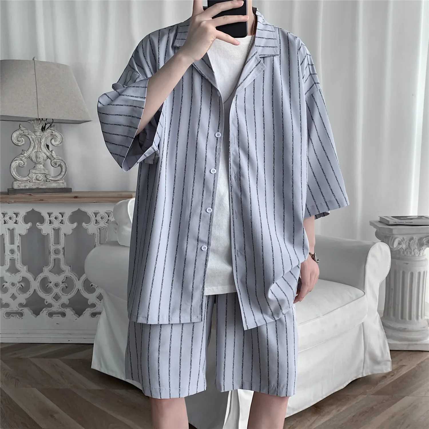 Summer mens shorts set with matching shirt letter striped floral print clothing short sleeved elastic waist ultra-thin mens setXJ250412