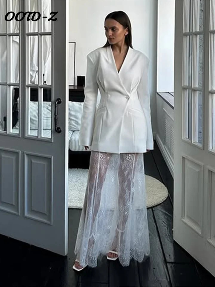 Elegant Women Blazer Lace Skirts Suits Long Sleeve V-Neck Visible Skirt Lady Suit 2025 Spring Summer Fashion 2 Piece Set Women 250411