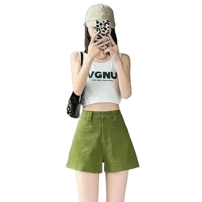 Denim shorts green shorts thin and soft summer casual loose fit retro jeans womens long leg denim shorts 250411