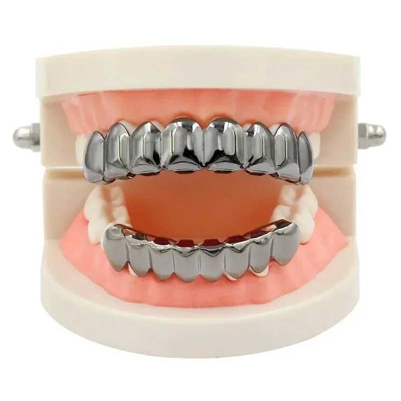 Gold plated silver plated HIP HOP tooth grill top and bottom grills real shiny vampire tooth set with silicone tooth grill W250412