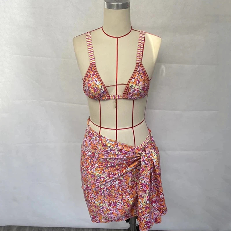 Beachcici 3-piece womens sexy floral print lace up hanger double strap high waisted beach vacation swimsuit 250408