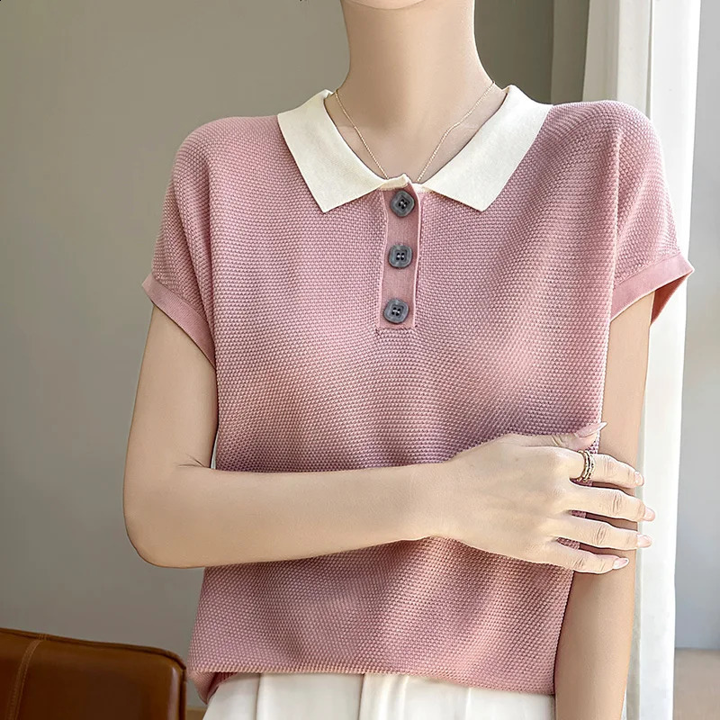 Summer Thin Short-sleeved Womens POLO Neck Knitwear Button Contrast Loose Half Sleeve T-shirt 250411
