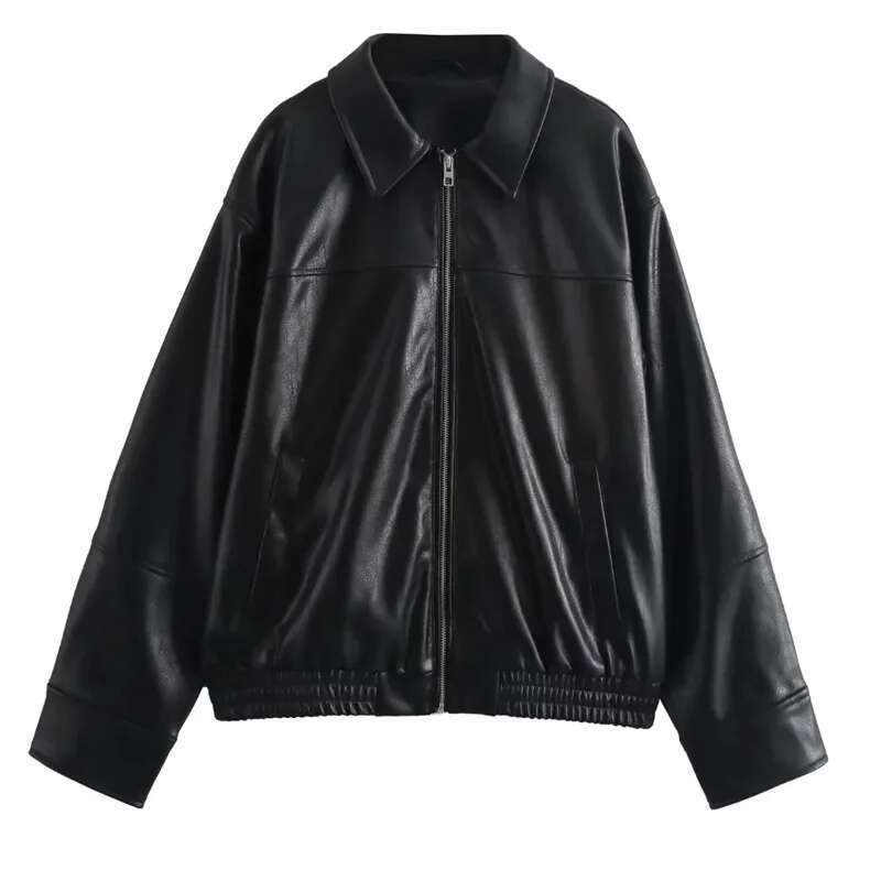Designer Clothes TRAF Women's Cropped Faux Leather Women Autumn Long Sleeve Black Bomber Jackets Fashion Demi-Season Jacket