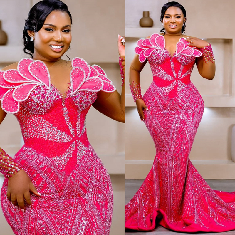 2025 Plus Size Fuchsia Prom Dress Mermaid Prom Dresses Evening Formal Gowns For Special Occasions Sheer Neck Beaded Lace Birthday Second Reception Gow