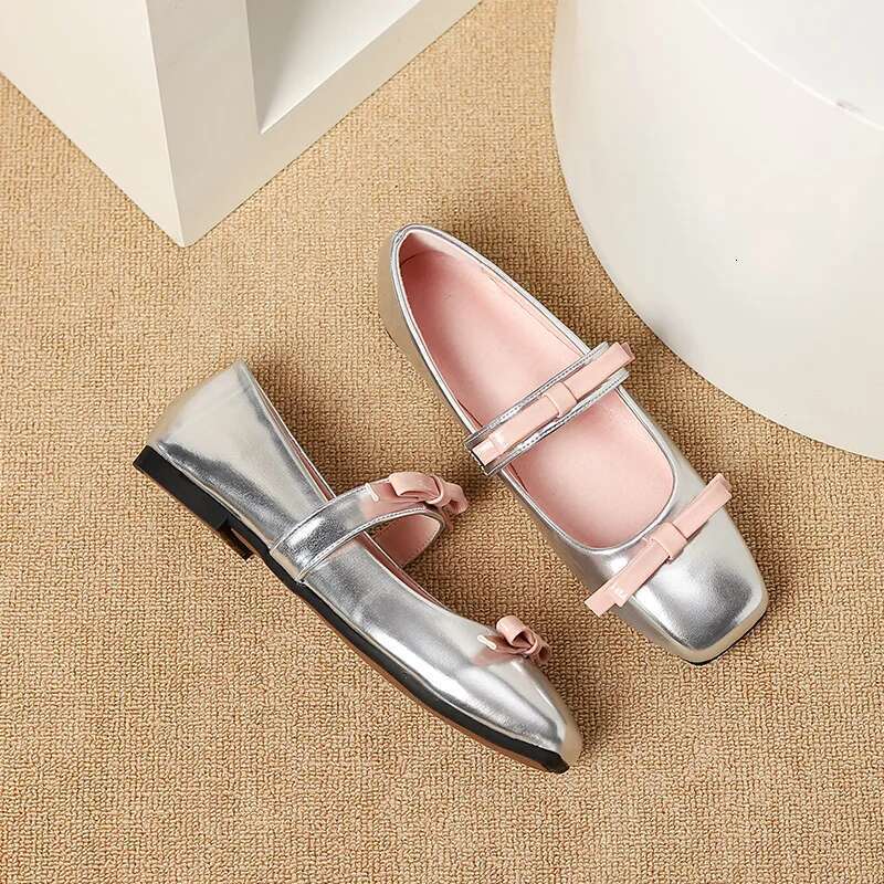 New 2024 Fashion Square Toe Glossy Leather Flats Women Double Bowknot Mary Jane Female Ballets Party Shoes Plus Size 44