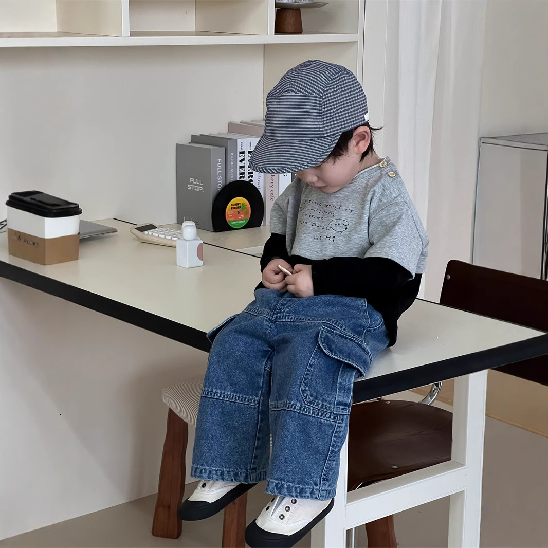 Ddmyshoesvip Children Color Blocking Splicing Long Sleeved T Shirt Jeans Set New Product Korean Version Children S Boys Spring Clothing