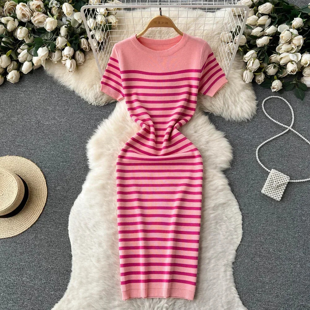 Summer striped beach knit dress Oneck short sleeved fashionable sweetheart ultrathin sun skirt streetwear Y2K Bodycon Midi 250411