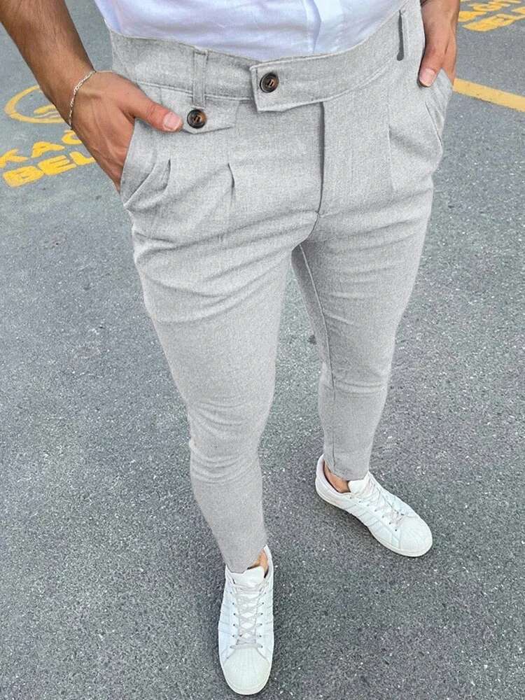 2024 Spring Summer New Casual Suit Men Vintage Solid Color Slim Pencil Pants Fashion Button Waist Design Mens Trousers