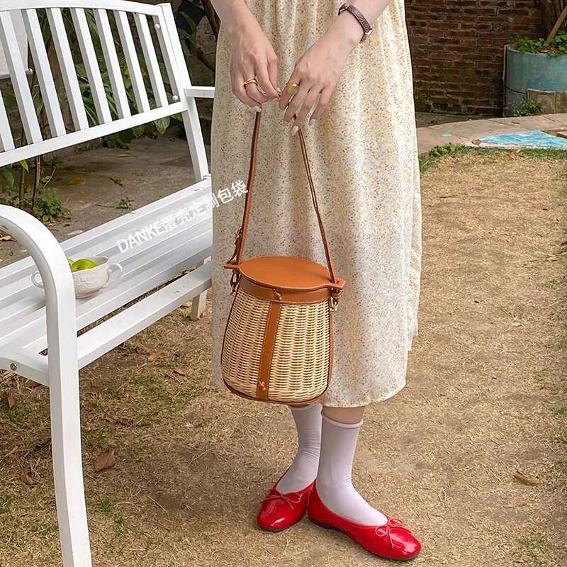 Bucket Single Shoulder Rattan Niche Design Bamboo Woven Portable Picnic Vegetable Basket Bag