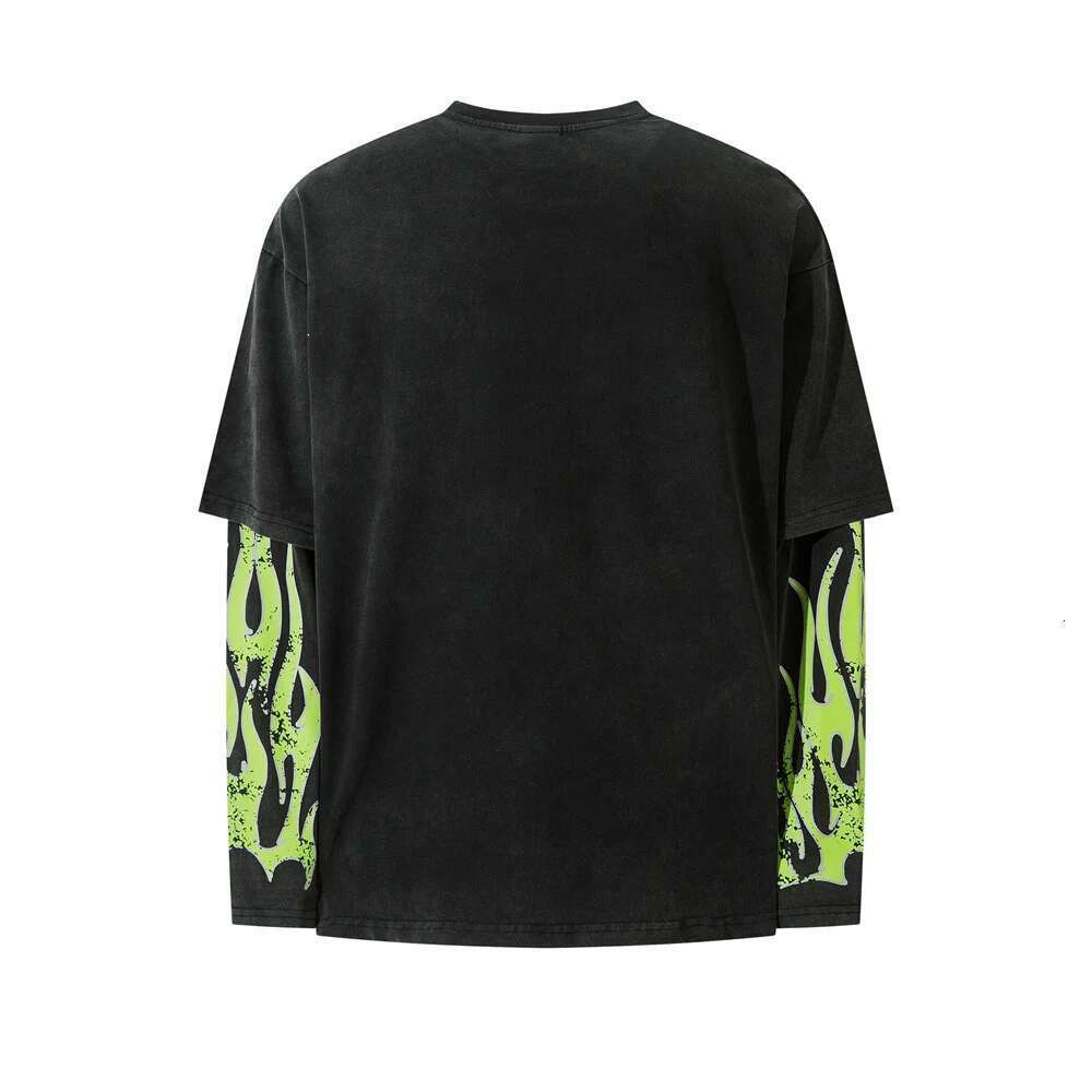 Flame Print Fake Two Pieces T-Shirt Mens Spliced Autumn High Street Washed Distressed Crew Neck Long Sleeve Loose Cotton Tee Men