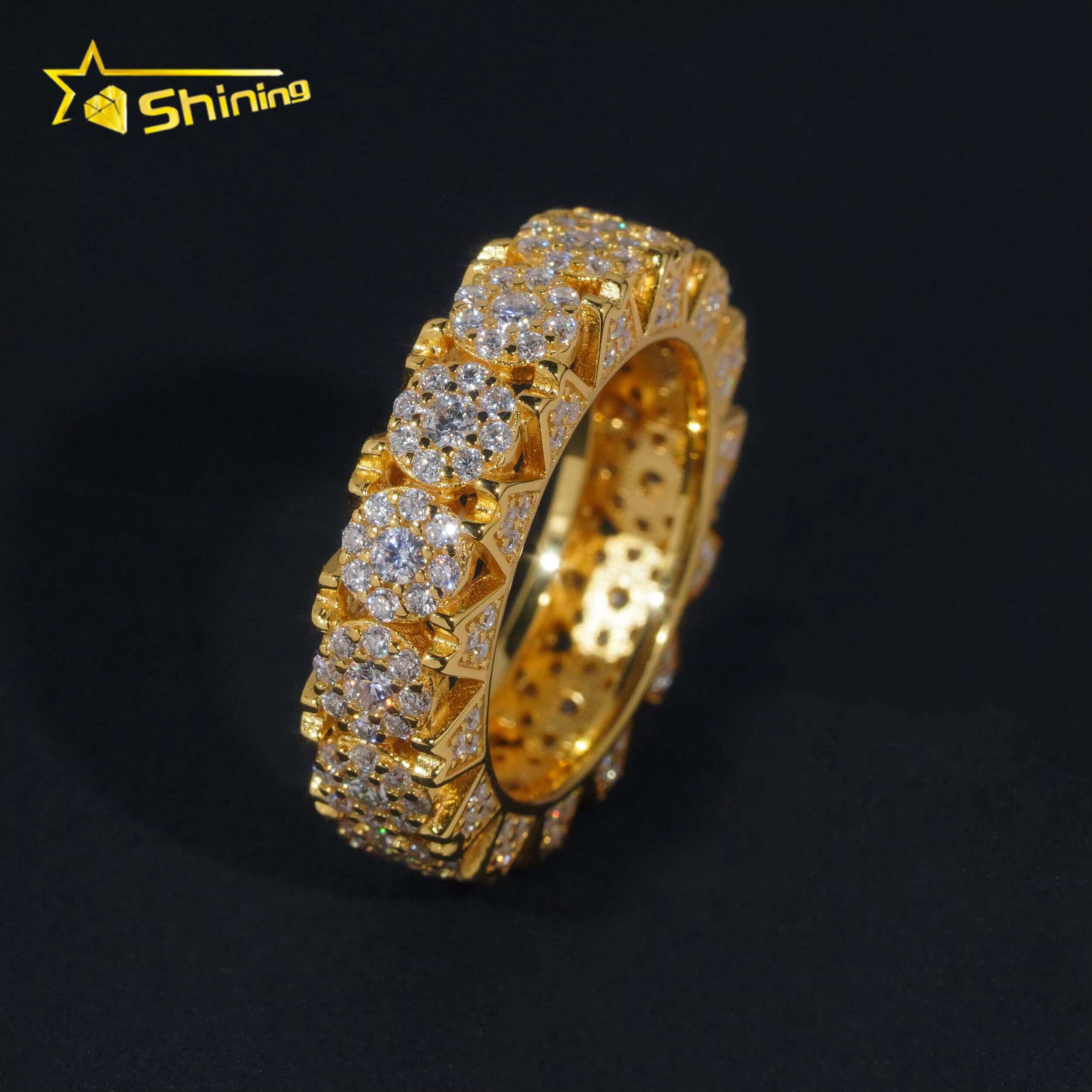 New Design Flower Setting 925 Sterling Silver Gold Plated Iced Out Moissnaite Pass Diamond Tester Hip Hop Mens Rings