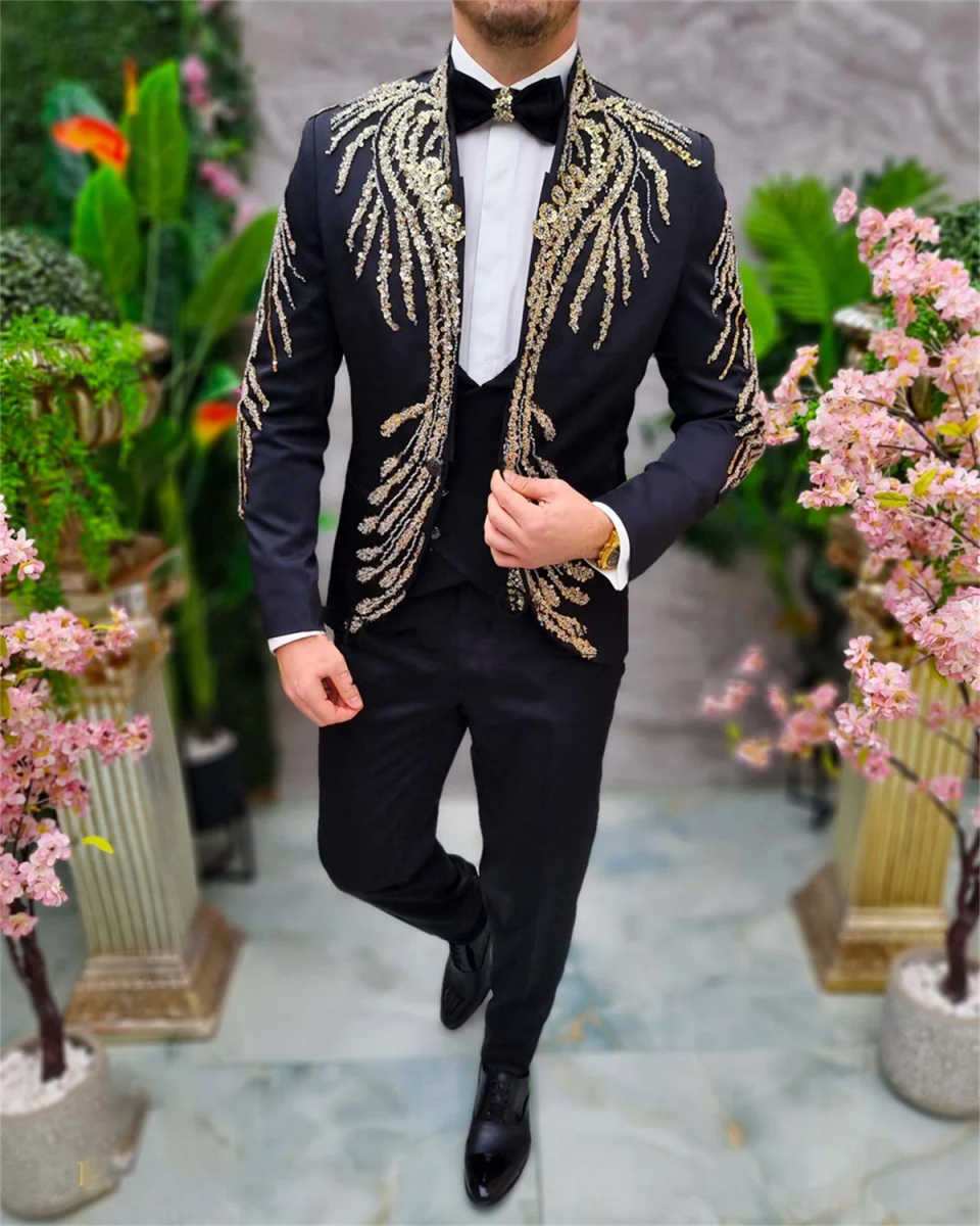 Sparkly Sequins Wedding Tuxedos 2 Piece Set Jacket Pants One Button Men Suit Trim Fit Groom Wear Evening Suits Customized