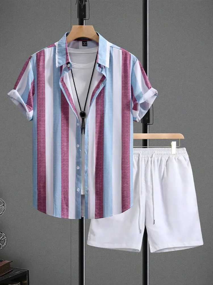 Hawaiian summer mens two-piece shirt set with striped print casual suit mens short sleeved beach shortsXJ250412