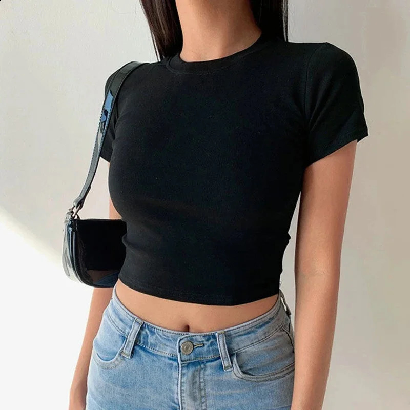 Short sleeved womens T-shirt solid color casual soft full match basic crop summer fashion tight top black and white 250410