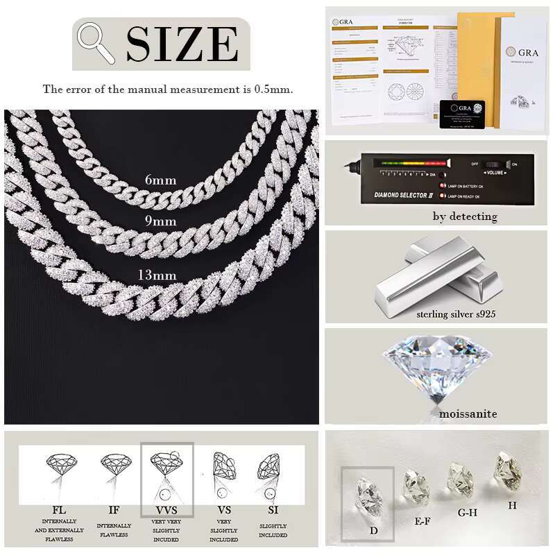 Yu Ying Jewelry Wide 6/9/13mm 2rows Vvs Moissanite Iced Out S925 Cuban Link Chain for Free Custom