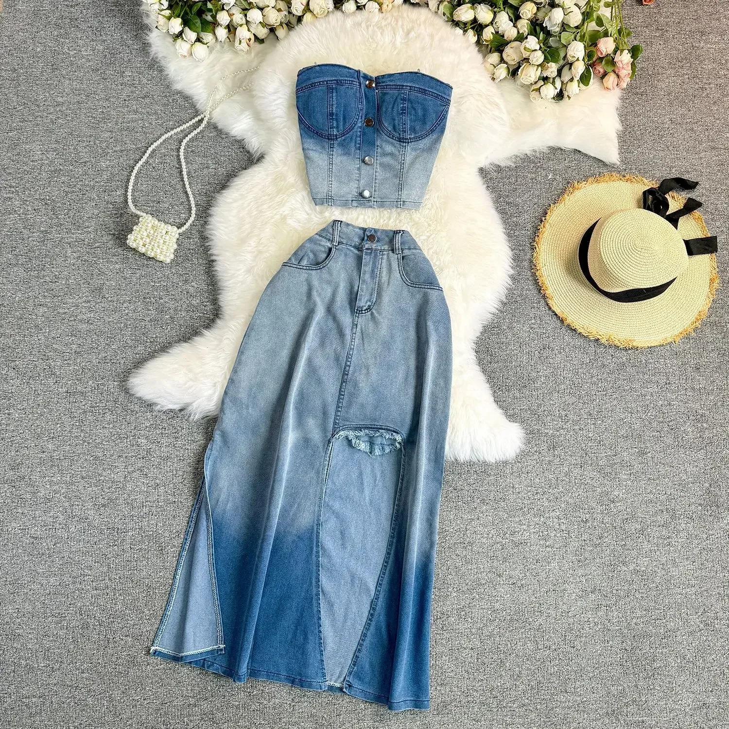 Women Denim Vest Skirt Crop Top Stets Two Pieces Sleeveless Denim Strapless Tops Slim Fit Sexy Sheath High Street Skirts Holes 250411
